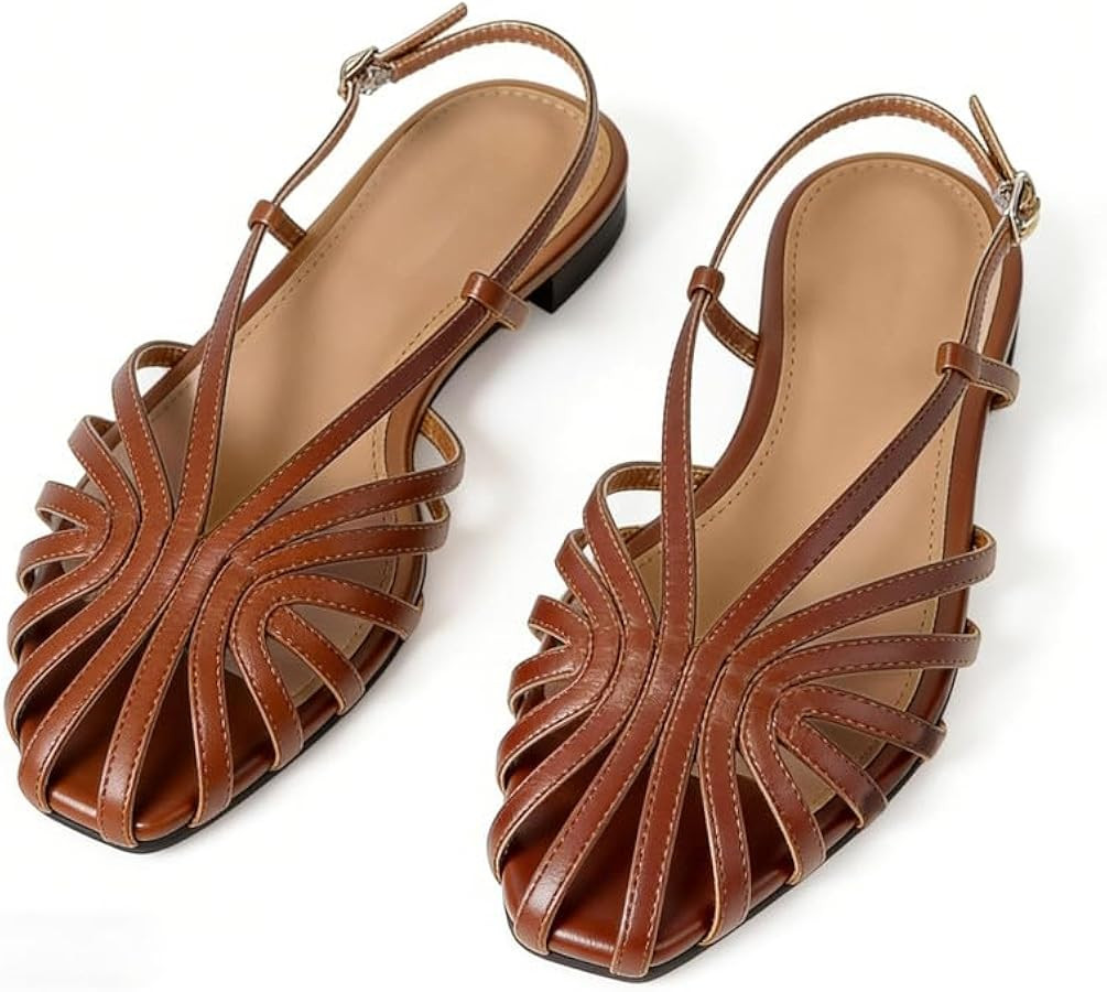 MAVMAX Slingback Flat Sandals for Women Fashion Strappy Square Toe Low Heeled Flats with Adjustab... | Amazon (US)