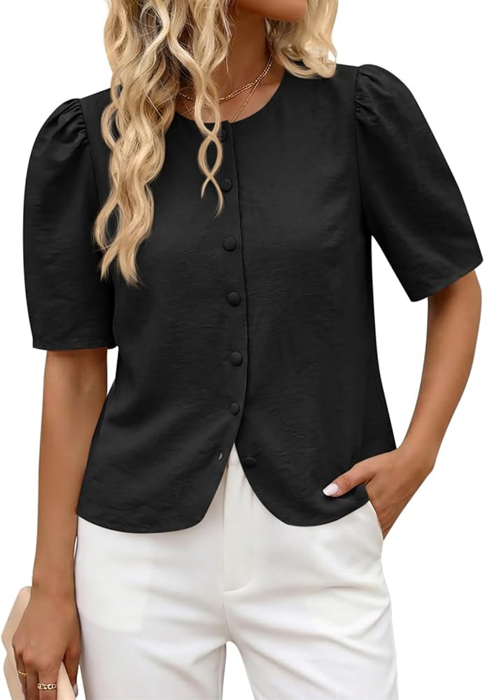 Cicy Bell Womens Short Puff Sleeve Button Down Shirts Dressy Casual Blouses Summer Round Neck Cot... | Amazon (US)