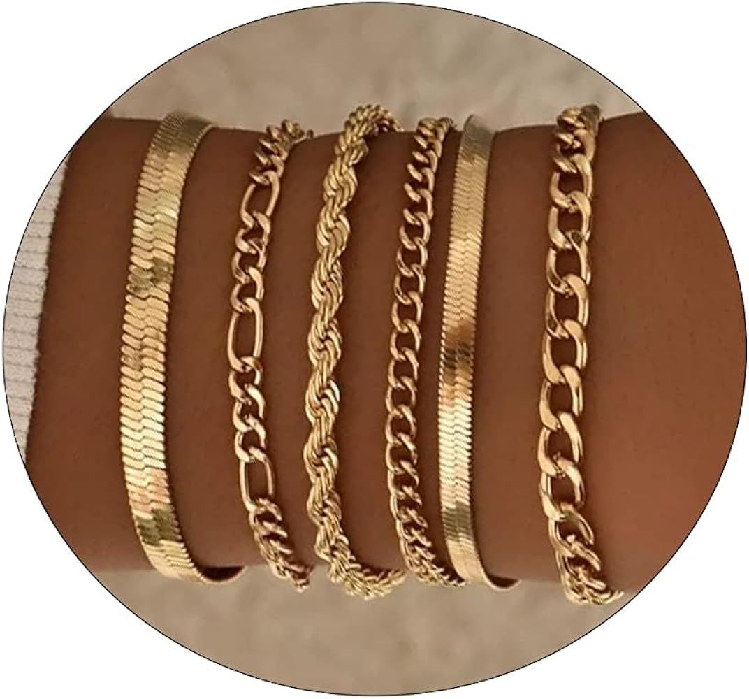 JECOMY Gold Bracelets for Women Gold Chain Bracelet Sets for Women Girls 14K Gold Plated Dainty L... | Amazon (US)