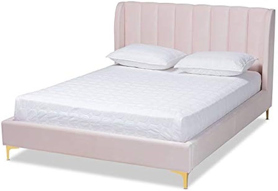 Baxton Studio Saverio Modern Velvet Upholstered Queen Platform Bed in Light Pink | Amazon (US)