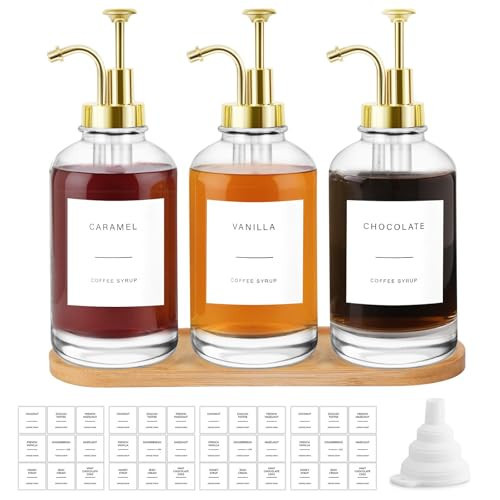 Sunal Kaffee Sirup Spender,Set of 3 Glas Sirup Spender,500ml/16,9 oz Golden Honig Pump Flasche mit 36 Wasserdichten Etiketten,1 Tray und 1 Silikon Trichter für Küche Kaffee Bar | Amazon (DE)