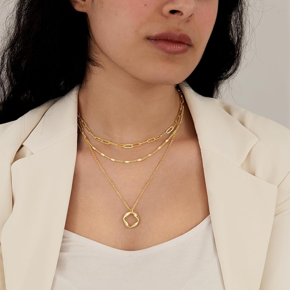 Poxtex Layered Gold Necklaces for Women, Stackable Dainty 14K Gold Silver Plated Trendy Simple He... | Amazon (US)
