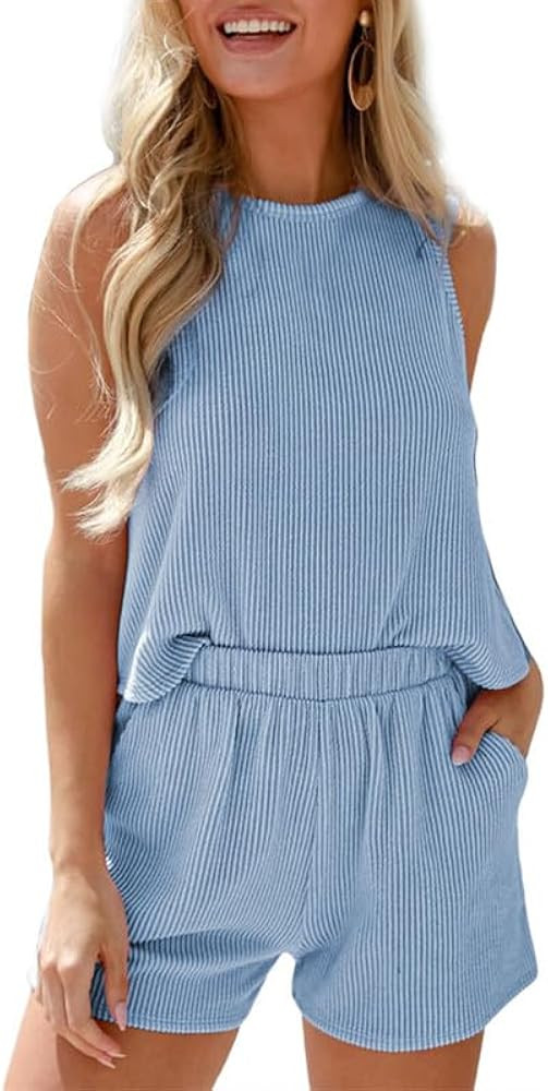 SHEWIN Two Piece Sets for Women 2024 Casual Summer Crewneck Striped Sleeveless Tops and Shorts Ro... | Amazon (US)