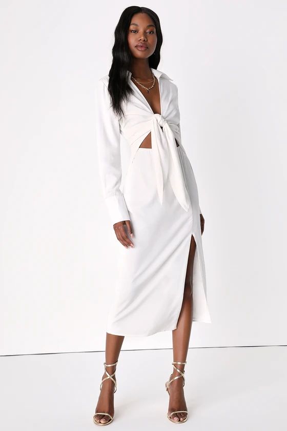 Long Story Shirt White Long Sleeve Tie-Front Midi Dress | Lulus (US)