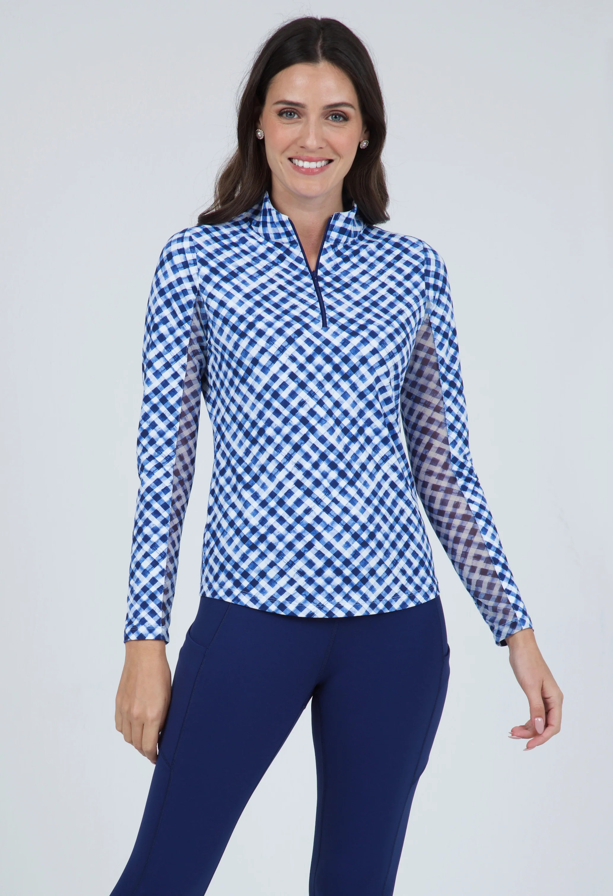 Gingham Check Print Long Sleeve Mock Neck Top – 10876 | IBKÜL | IBKUL