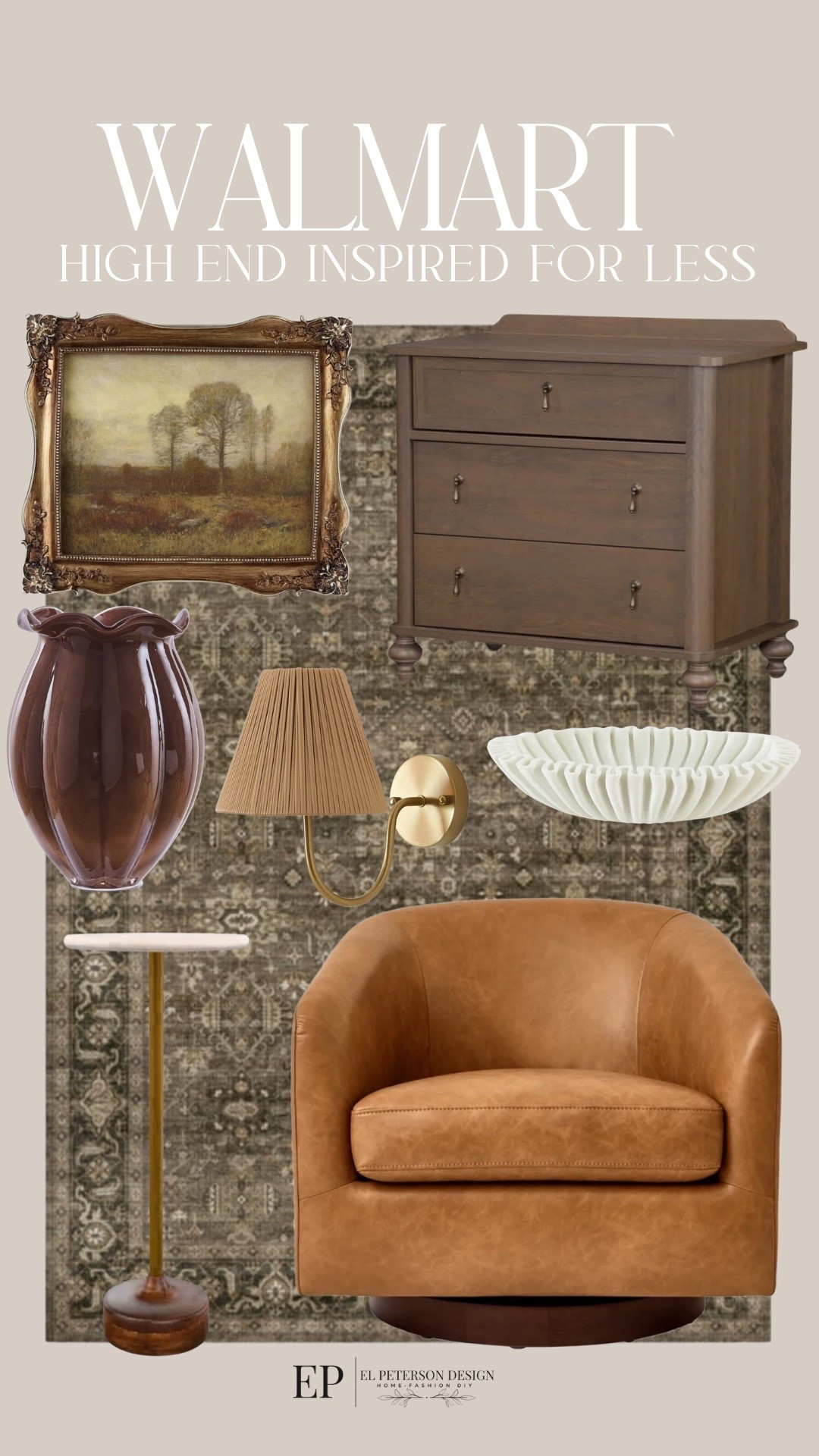 Walmart
High end inspired
Accent chair
Rug
Wall sconce
Bowl
Accent table
Vase
Artwork

#LTKHome