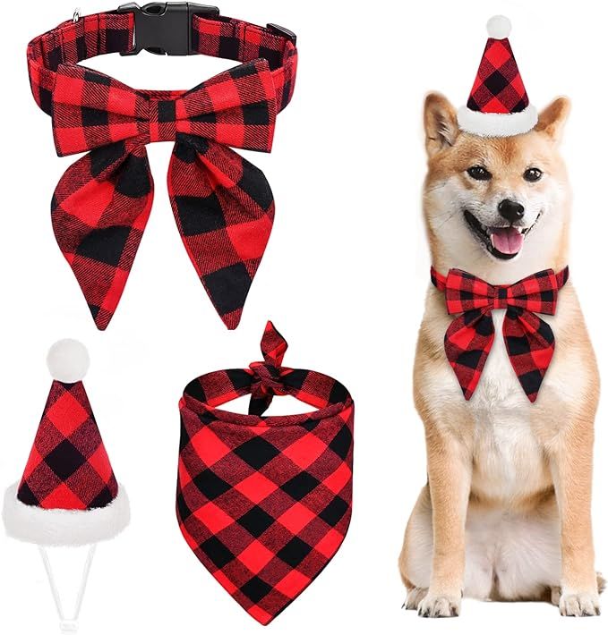 Peclot Christmas Dog Bandana Collar Bow Tie Hat Set, Classical Buffalo Plaid Dog Christmas Outfit... | Amazon (US)