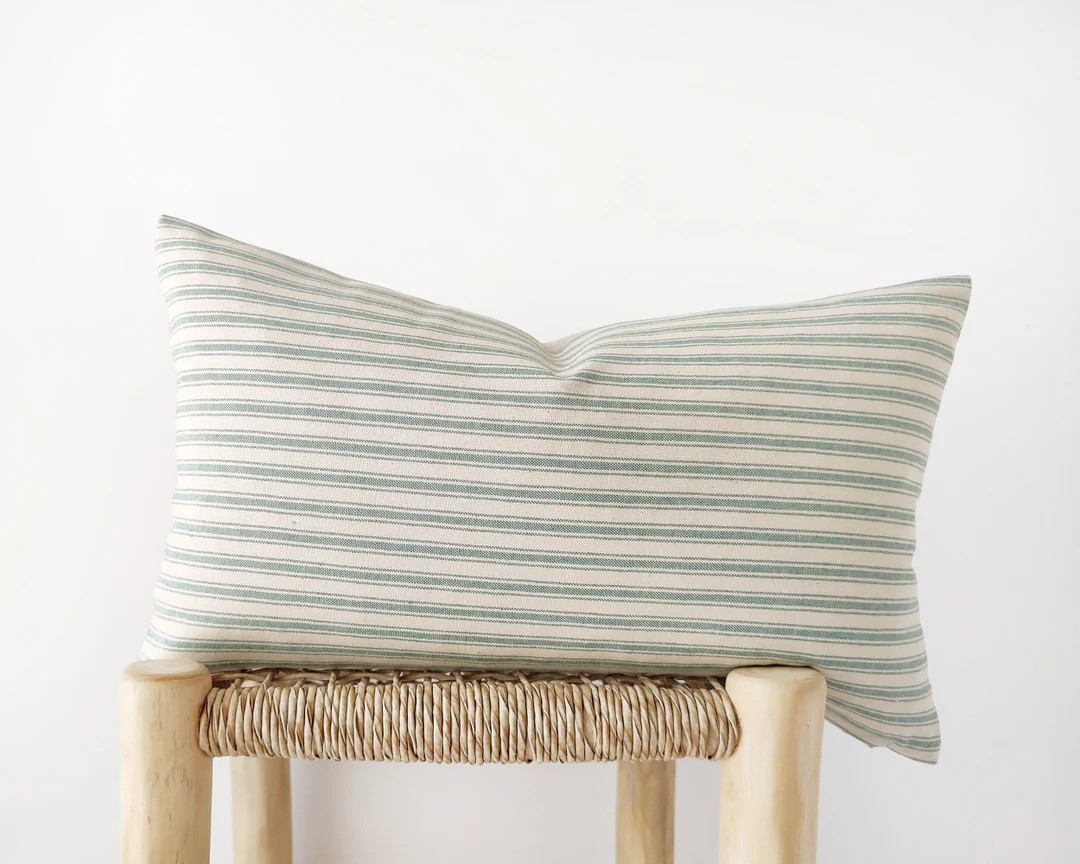 Ticking Striped Lumbar Pillow Cover in Teal and Ivory - Modern Cushion Cover in Green Blue - 12x2... | Etsy (US)