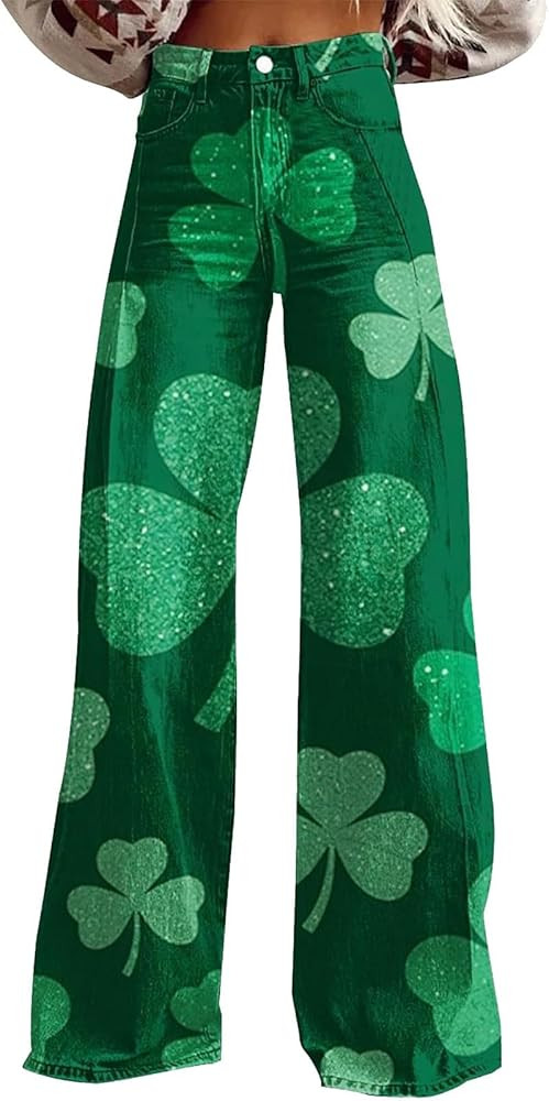 St Patricks Day Pants for Women High Waist Wide Leg Baggy Jeans Irish Shamrock Print Pant Denim F... | Amazon (US)