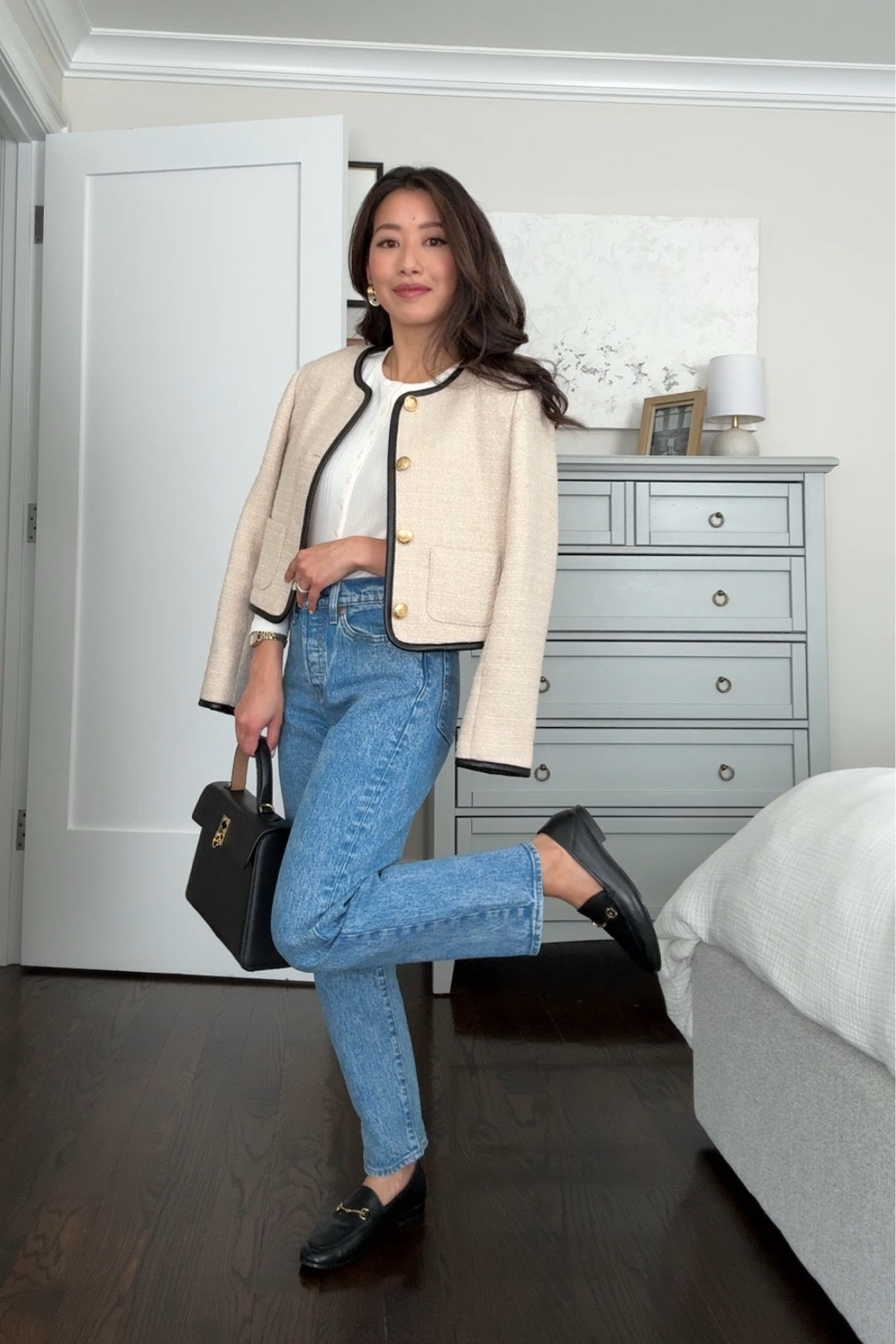 30% off Levi’s jeans, I sized up to 25 x 26. I am 5 feet tall and love the shorter length! 

These are Levi’s wedgie straight high rise, I also linked an Abercrombie mid rise version below that fits super similar (I take 24 extra short in those) 

This Levi’s Wash color name is space to think, a grainy medium blue , but I also love Indifferent Indigo for dark, Fully Baked for light, and In the Clouds for white

• jcrew tweed jacket 00

• Levi’s cardigan shirt xxs 

• sam Edelman loafers 5.5 so comfy 

• Cafune handbag not linkable  

Smart casual outfit, Workwear with jeans , petite denim, spring office style 

#LTKWorkwear #LTKPetite #LTKSpringSale