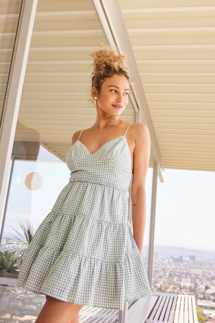 Pretty Picnic Sage Green Gingham Tiered Tie-Back Skater Dress | Lulus (US)
