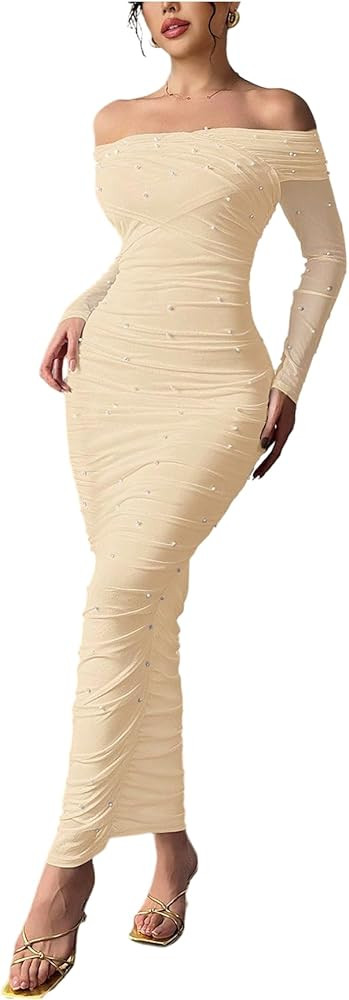 Floerns Women's Pearl Beaded Off The Shoulder Dress Ruched Bodycon Maxi Prom Dresses | Amazon (US)