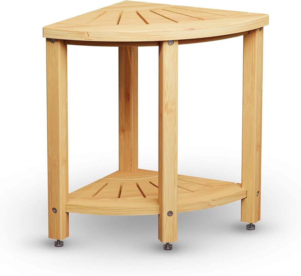 Bamboo Corner Shower Bench for Inside Shower - Waterproof, Adjustable Feet, Storage Shelf - Small... | Amazon (US)