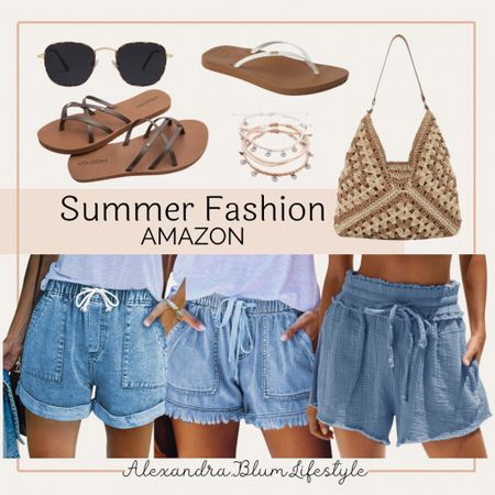 Jean denim short from Amazon! Cute elastic waist shorts! Comfy casual! Summer outfit! Sandals sunglasses, and summer beach bag! 

#LTKFindsUnder50 #LTKMidsize #LTKOver40
