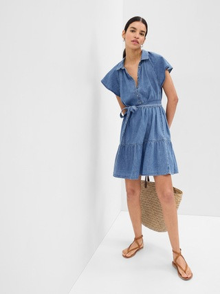 100% Organic Cotton Denim Flutter Sleeve Mini Shirtdress | Gap (US)