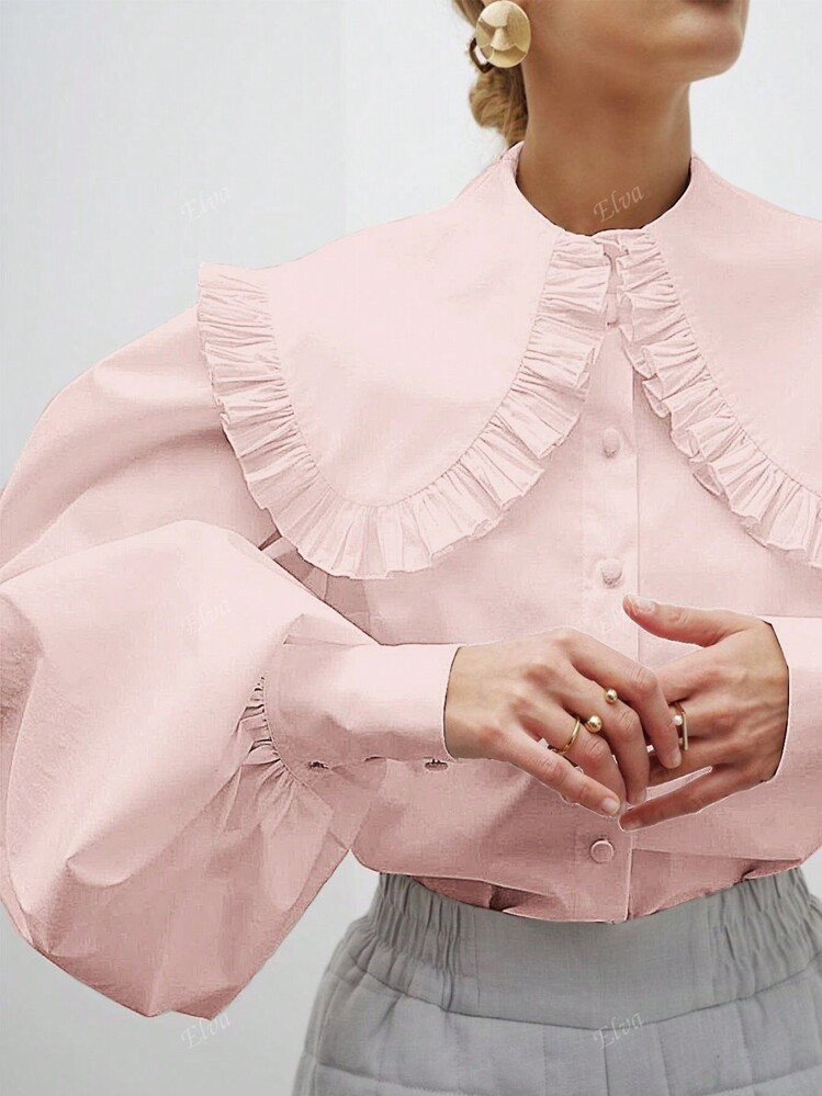 Elva Elegant Solid Color Exaggerated Peter Pan Collar Lantern Sleeve Back To School Long Sleeve S... | SHEIN