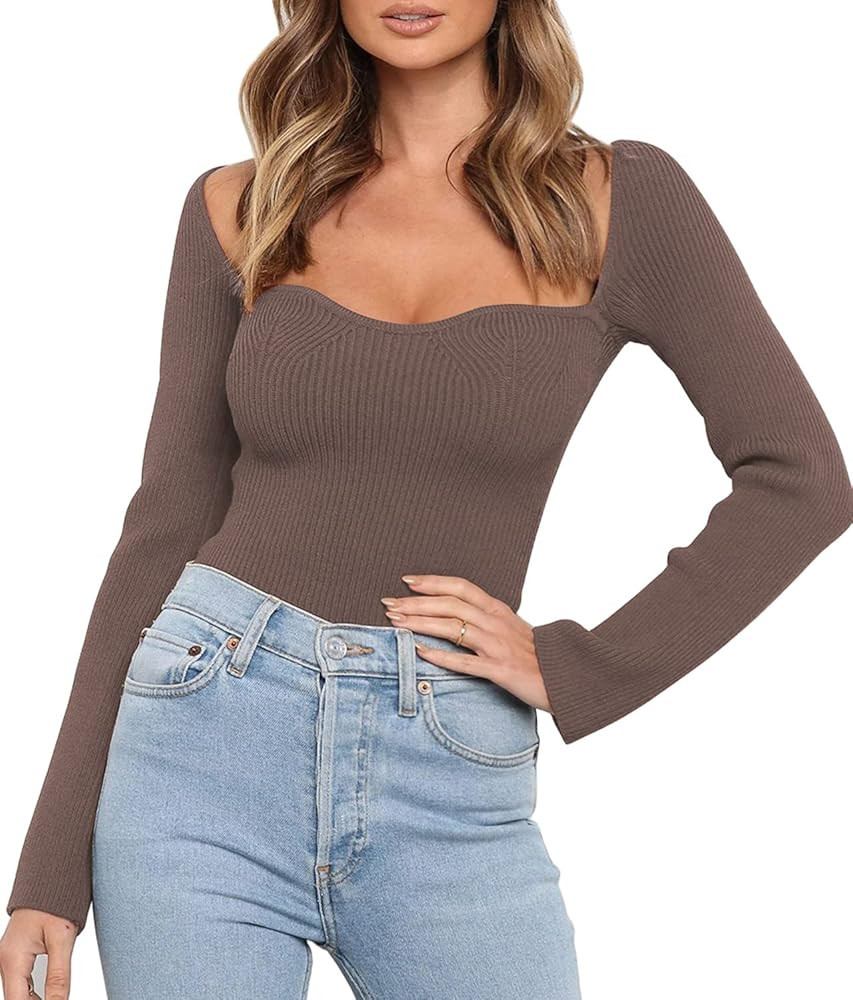 LILLUSORY Women's Sweetheart Neckline Sweater 2024 Spring Ribbed Knit Slim Fit Pullover Tops | Amazon (US)