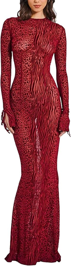 Women's Sexy Long Sleeve Leopard Print Bodycon Dress Round Neck Mesh Printed See Through Party Mi... | Amazon (US)