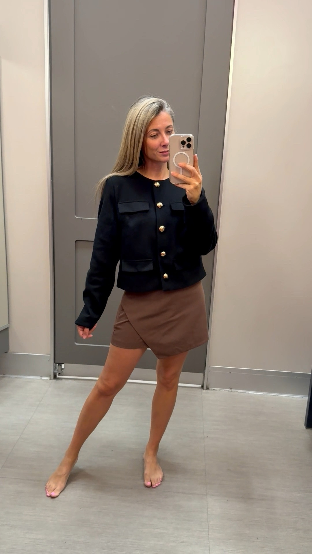 Target A New day jacket is on MAJOR SALE for $31  right now! I have this same one in cream from last year and it feels so high end! Wearing a small here but I needed to size down to an XS! So it does run a little big. And this brown skort is phenomenal! It’s new at Target and wearing a 2! Also comes in blackk

#LTKPetite #LTKSaleAlert #LTKOver40