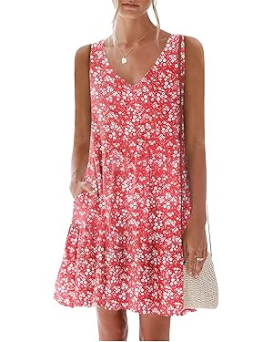 nclook Women's Summer Casual Dress Sweet & Cute V-Neck Mini Dress with Pocket Sleeveless Dress | Amazon (US)