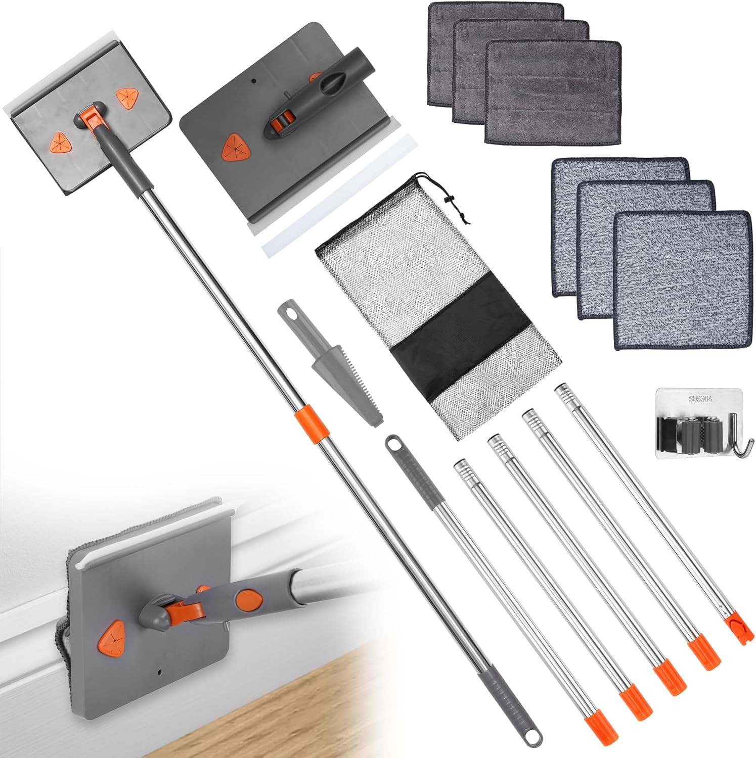 ESTALUXE 85” Baseboard Cleaner Tool with Handle Stainless Steel Hook | 180° Rotating Convex De... | Amazon (US)