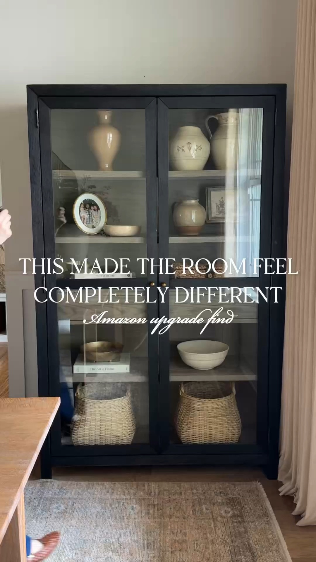 Honestly so surprised by how this little light strip made this room feel so much more warm and inviting! And I love how it added warmth to my cabinet 😍 It comes with a remote control and is also dimmable. You just peel the tape off and stick it on! I also installed one behind our bedroom full length mirror a few years ago. 

#LTKHome