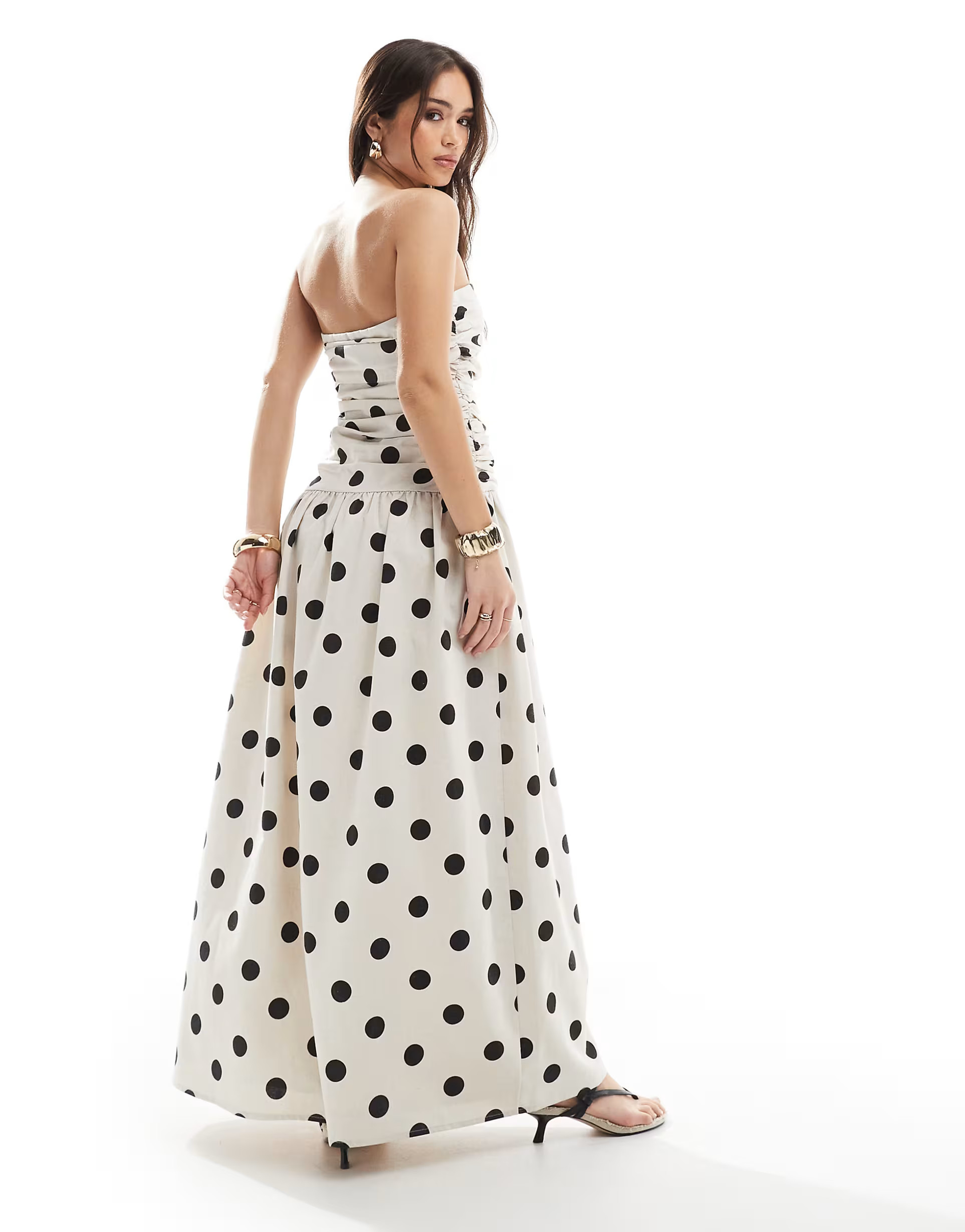 4th & Reckless ruched bandeau dropped waist linen blend maxi dress in cream polka dot | ASOS (Global)