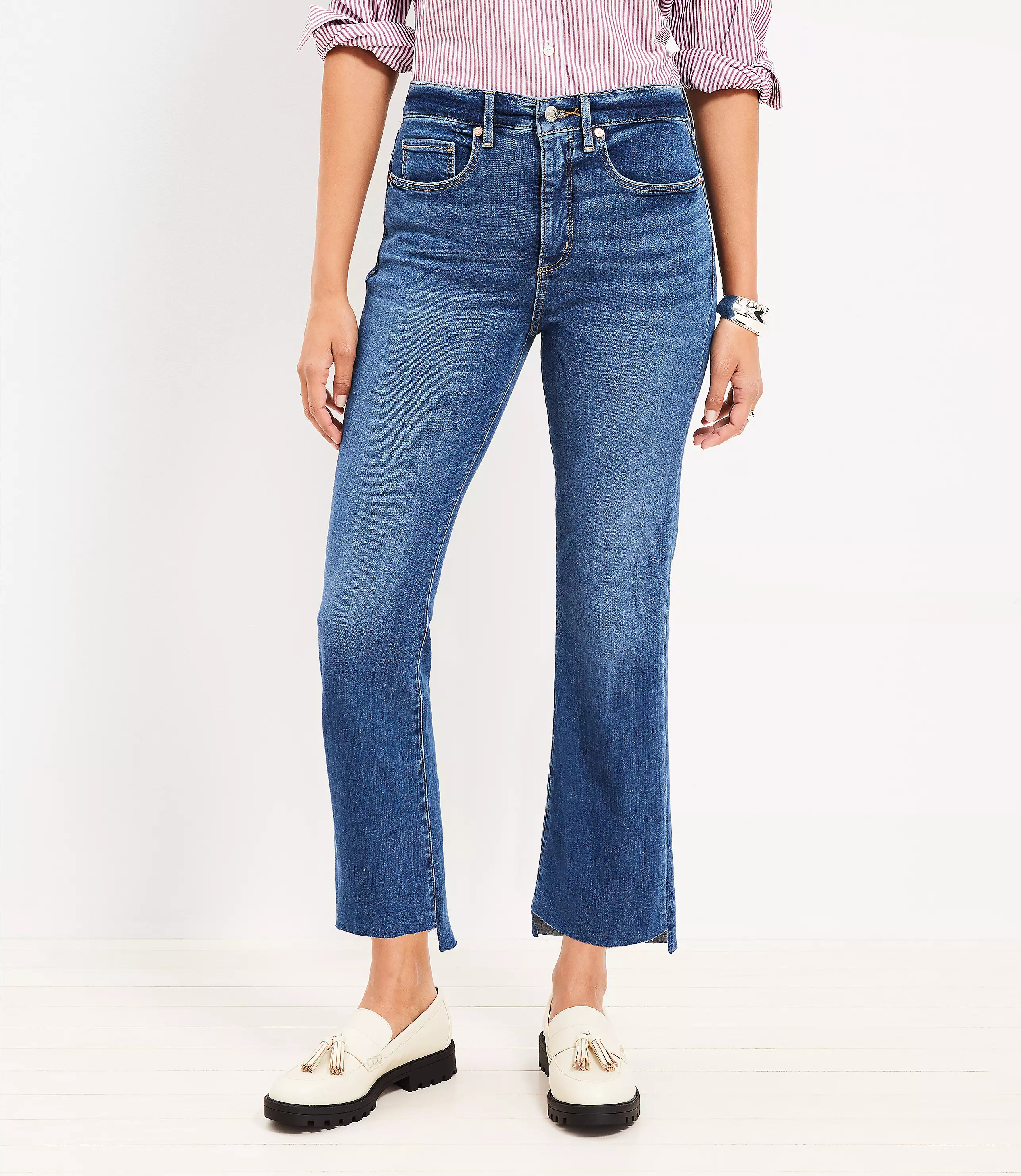 Petite Curvy Step Hem High Rise Kick Crop Jeans in Pure Dark Indigo Wash | LOFT