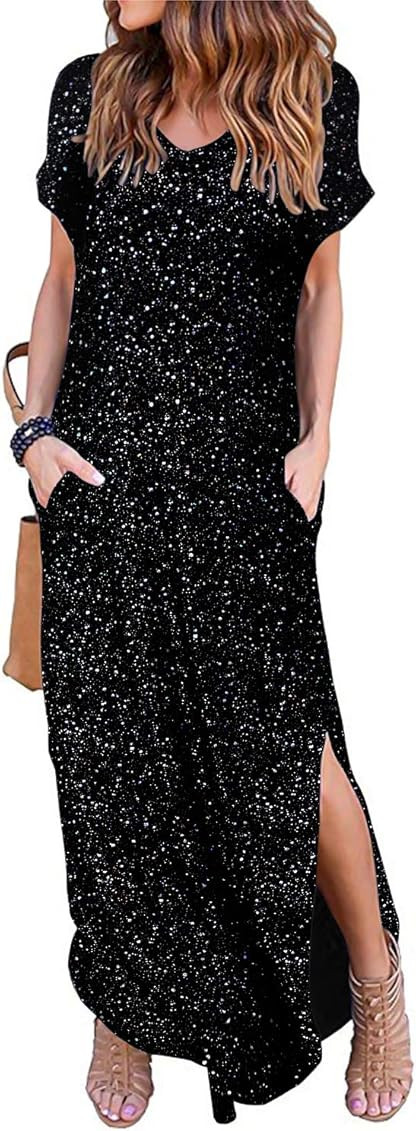 HUSKARY Women's Summer Maxi Dress Casual Loose Pockets Long Dress Short Sleeve Split | Amazon (US)