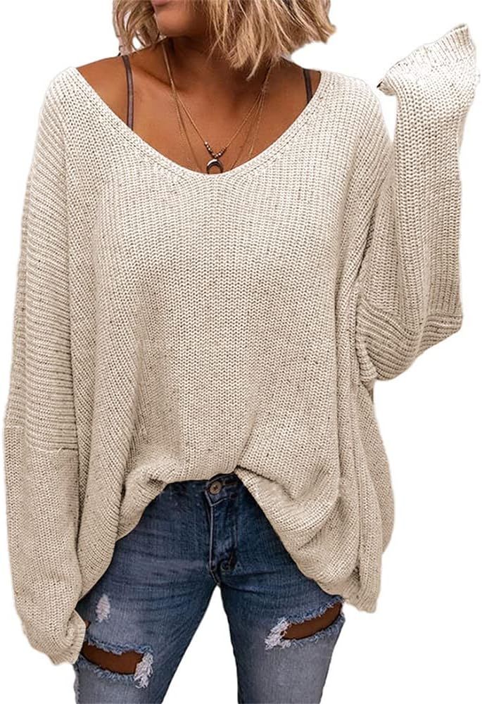 BZB Women's V Neck Long Sleeve Knit Loose Oversized Pullover Sweater Top | Amazon (US)