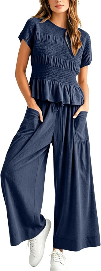 Women 2 Piece Matching Lounge Sets Short Sleeve Smocked Top Drawstring Wide Leg Pants Casual Suit | Amazon (US)