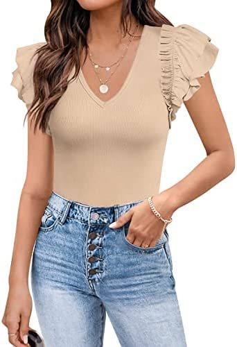 DOROSE Blusas de verano para mujer, sexy, cuello en V, casual, con volantes, manga corta, blusas | Amazon (US)