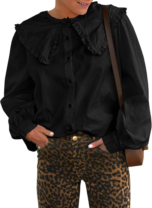 Tankaneo Womens Button Down Shirts Cotton Puff Sleeve Babydoll Blouse Fall Casual Doll Collar Top... | Amazon (US)