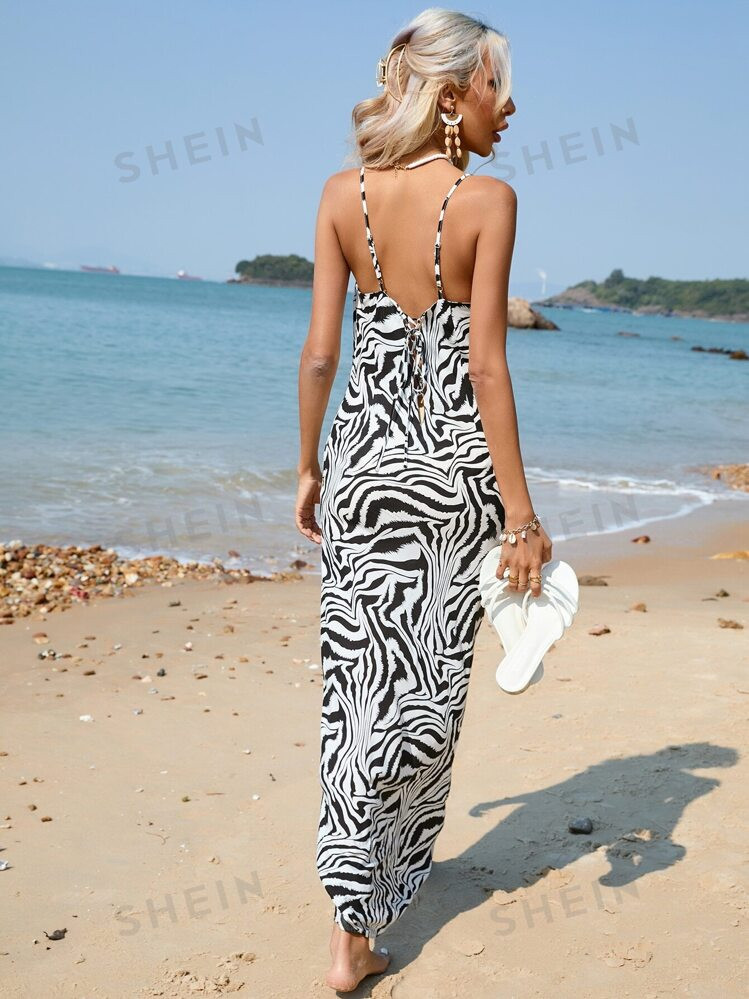 TrendsSHEIN VCAY Zebra Striped Draped Front Cami Dress | SHEIN