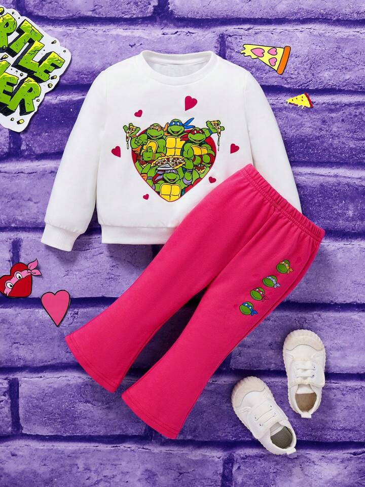 TEENAGE MUTANT NINJA TURTLES X SHEIN Baby Girl Cartoon Printed Round Neck Sweatshirt And Flare Pa... | SHEIN