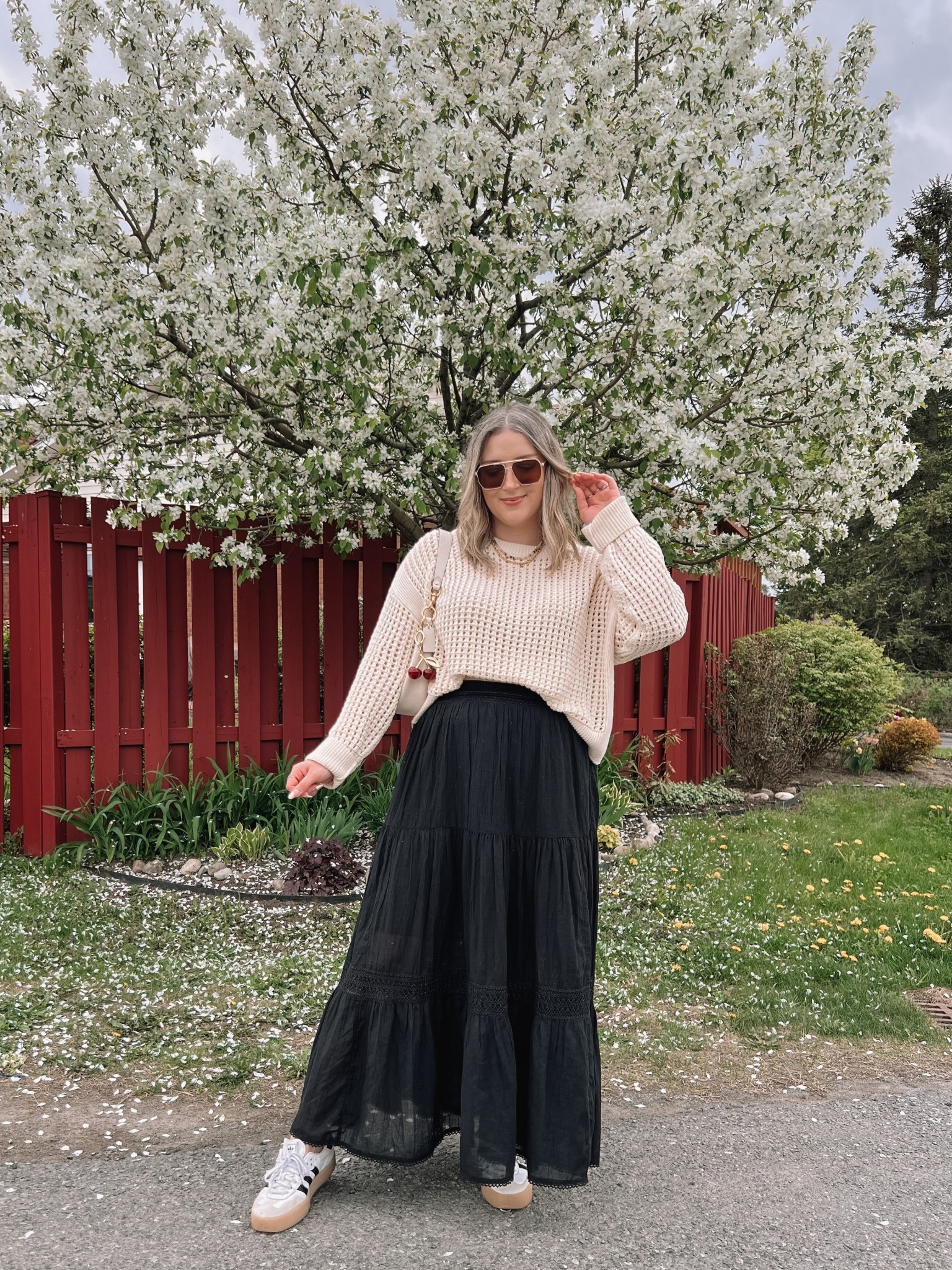 Spring outfit inspo from last year! Linked this year’s version of my black maxi skirt and similar open knit crochet sweater. Adidas sambae sneakers are super comfy but run big, I’m a 9.5-10 and wear a 9.

#LTKstyletip #LTKmidsize