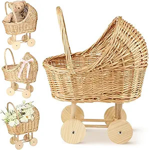 Wicker Baby Carriage Wicker Stroller for Baby Shower Vintage Woven Rattan Flower Basket Decorativ... | Amazon (US)