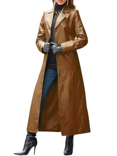 utcoco Womens Faux Leather Trench Coat Classic Lapel Button Down Maxi Jacket 2025 Stylish Overcoat (Medium, Brown) | Amazon (US)