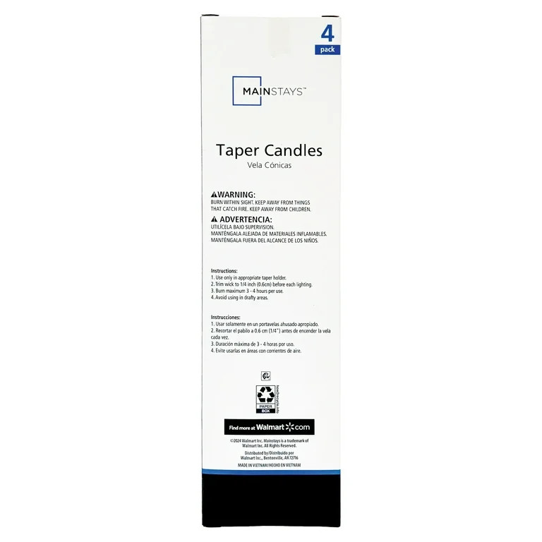 Mainstays Unscented Taper Candle, White, 4-Pack, 10 inches Long | Walmart (US)