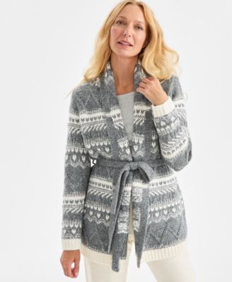 Style & Co Women's Fair Isle Belted Cardigan, Macy's Exclusive - Heather Grey | Macy's