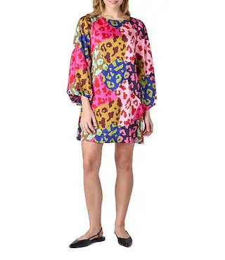 Cecily Boat Neck Long Puff Sleeve Patched Leopard Mini Shift Dress | Dillard's