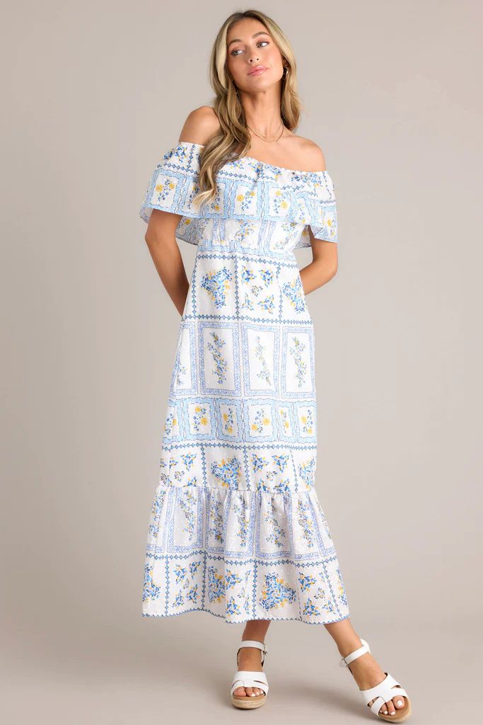 Sweet Serenity White & Blue Off The Shoulder Embroidered Maxi Dress | Red Dress