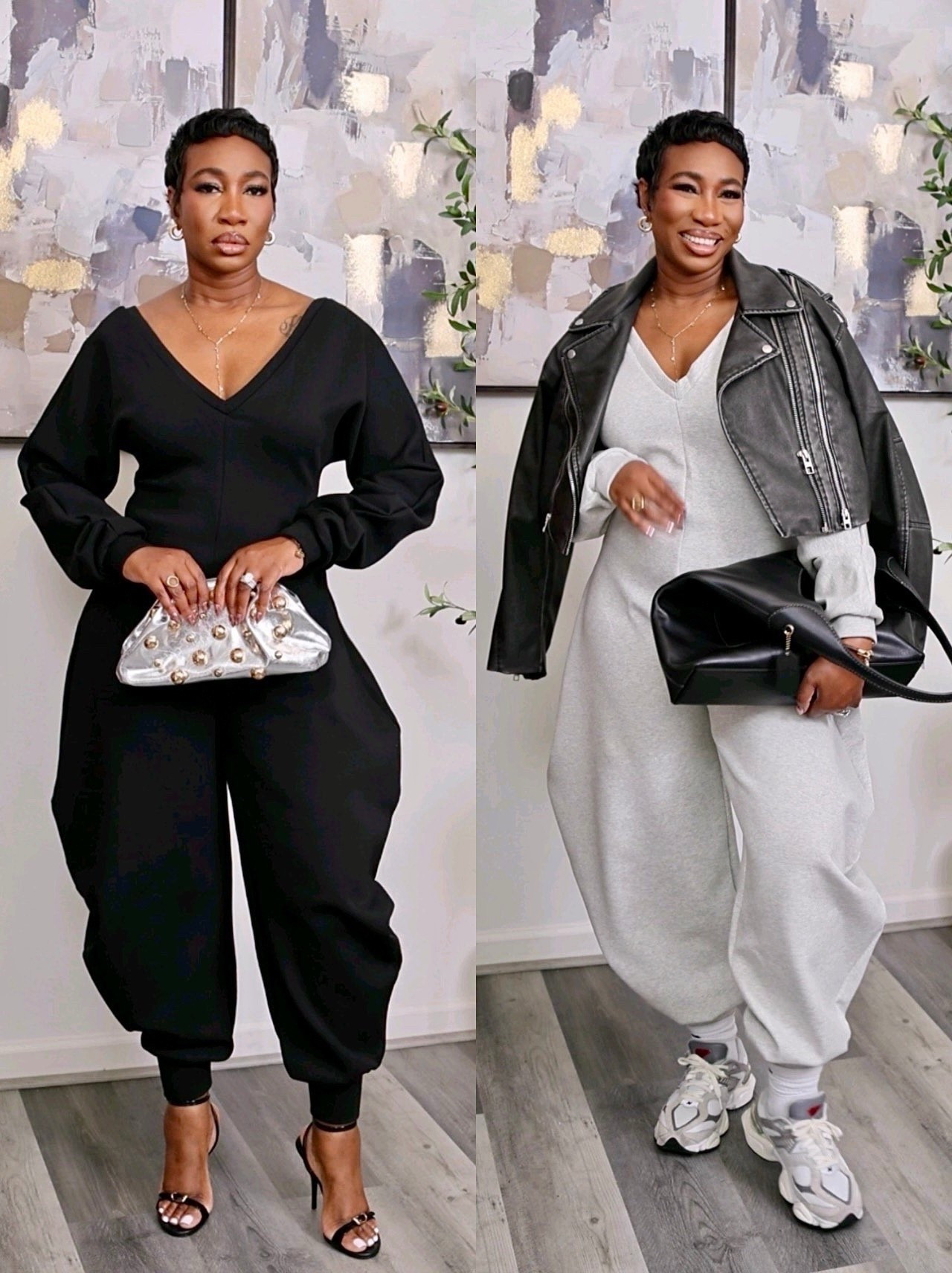 Are you team dressy or casual?
Size medium black jumpsuit 
Size large gray jumpsuit 
I recommend sticking to your regular size.


#LTKOver40 #LTKootd #LTKSeasonal