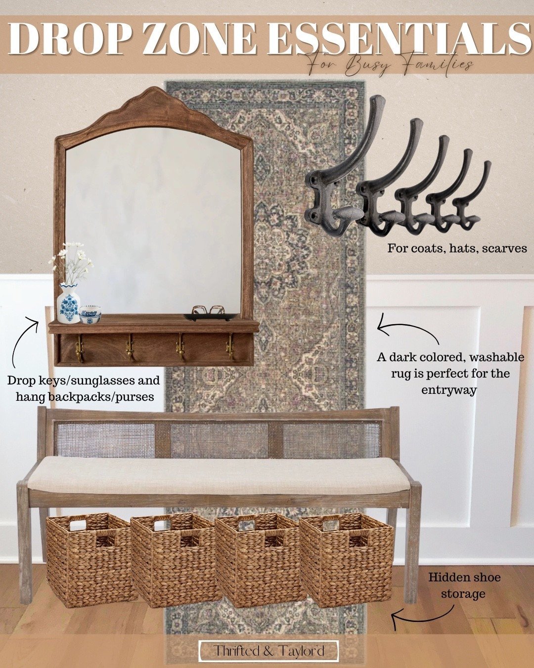 Busy family mornings usually mean backpacks on the floor, shoes everywhere, and keys that magically disappear. 

Creating a simple entryway drop zone is one of the easiest ways to make your home feel calmer without a big renovation.

I focused on pieces that feel warm and timeless but are still incredibly practical. A wood bench with hidden basket storage keeps shoes tucked away. Wall hooks give everyone a place for coats and backpacks. A small ledge catches keys and sunglasses so they don’t wander off. And a darker washable rug grounds the space while handling real life messes.

This kind of setup works because it gives everything a home. It’s simple, it’s functional, and it still feels elevated and cohesive. It’s also perfect for a smaller entryway.

Everything in this drop zone is linked here for you.

#LTKmomlife #LTKHome