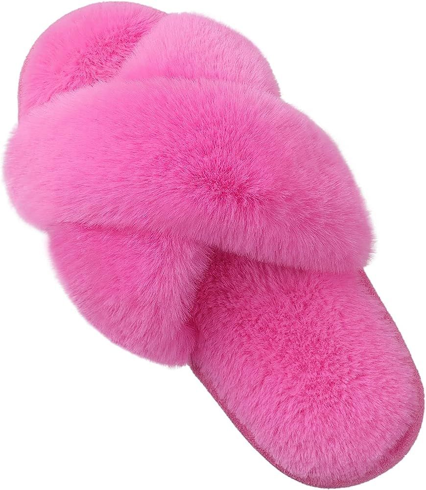 Evshine Women's Fuzzy Slippers Cross Band Memory Foam House Slippers Open Toe | Amazon (US)