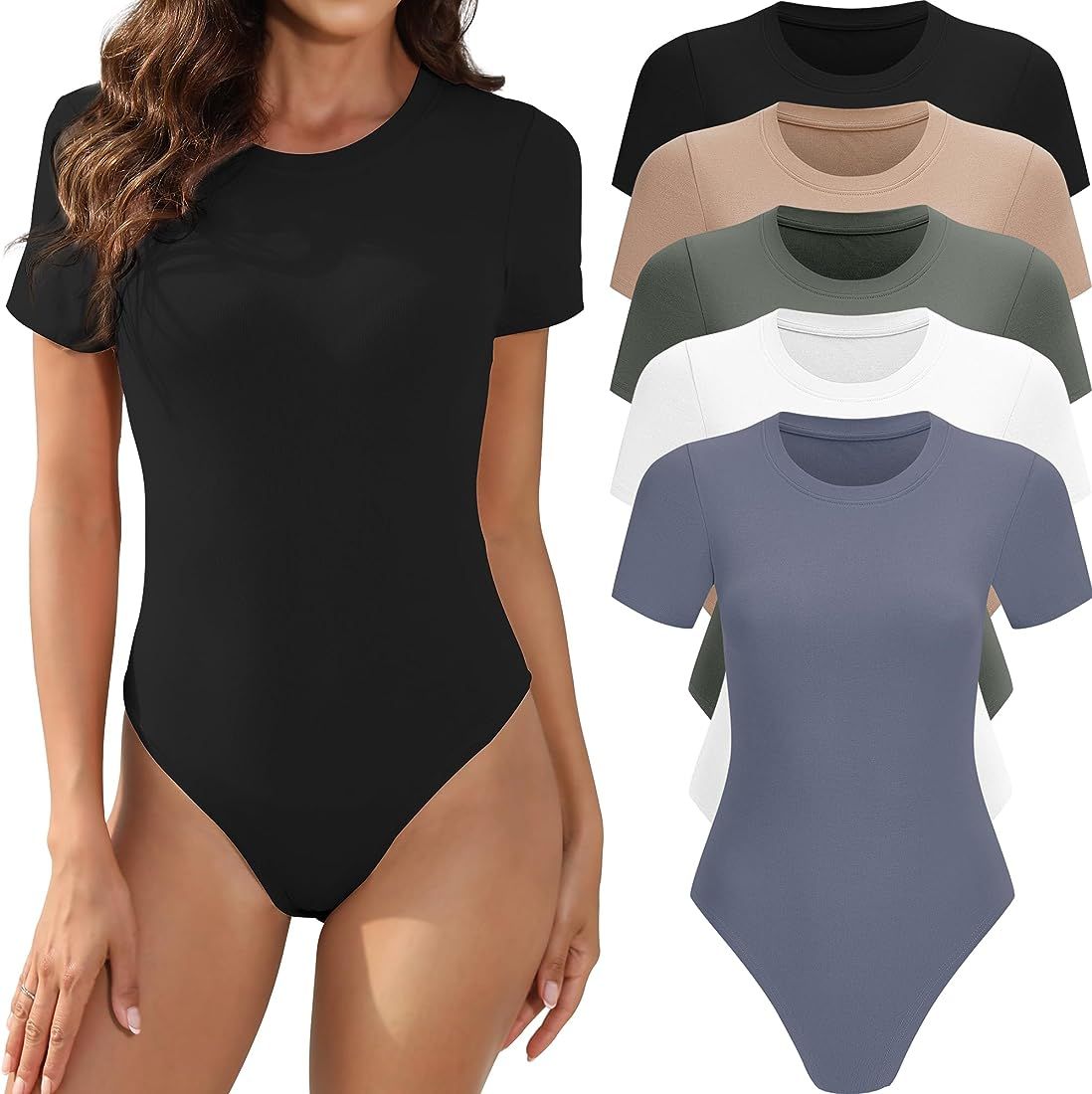 MLYENX 5 Pack Body Suits for Womens Short Sleeve Round Neck Casual Stretchy Basic T Shirt Bodysui... | Amazon (US)