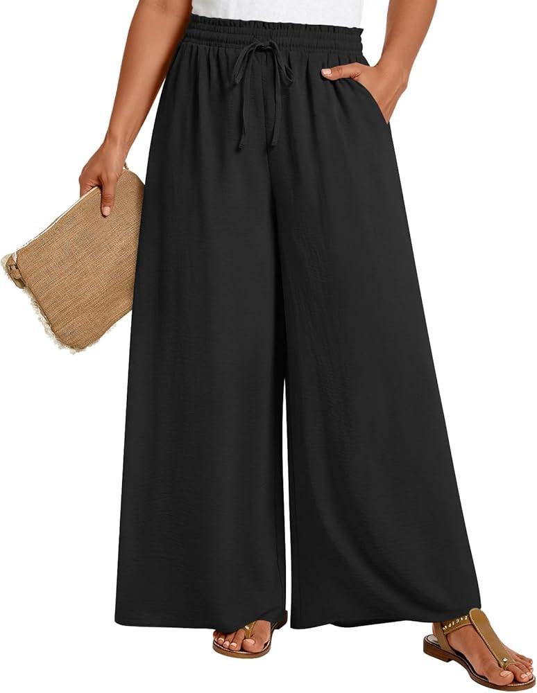 LONGYUAN Womens Plus Size Wide Leg Casual Palazzo Pants with Pockets 1X-5X | Amazon (US)