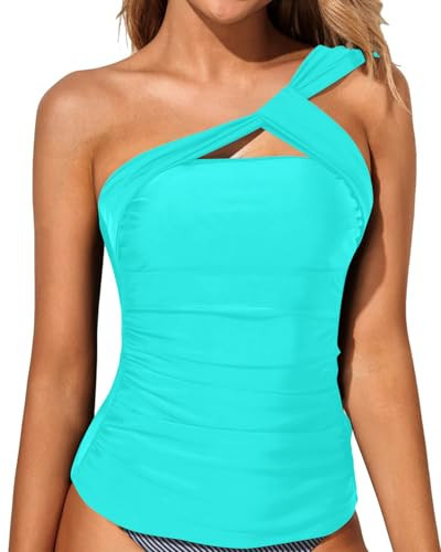 Tempt Me Women Blue Tankini Top Swim Tops Ruched One Shoulder Bathing Suit Swimsuit Tops Only XL | Amazon (US)