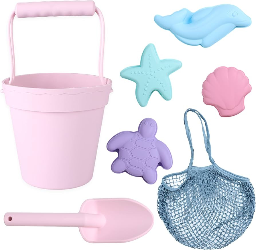 BLUE GINKGO Silicone Beach Toys - Modern Travel Friendly Set | Bucket, Shovel, 4 Sand Molds, Beac... | Amazon (US)
