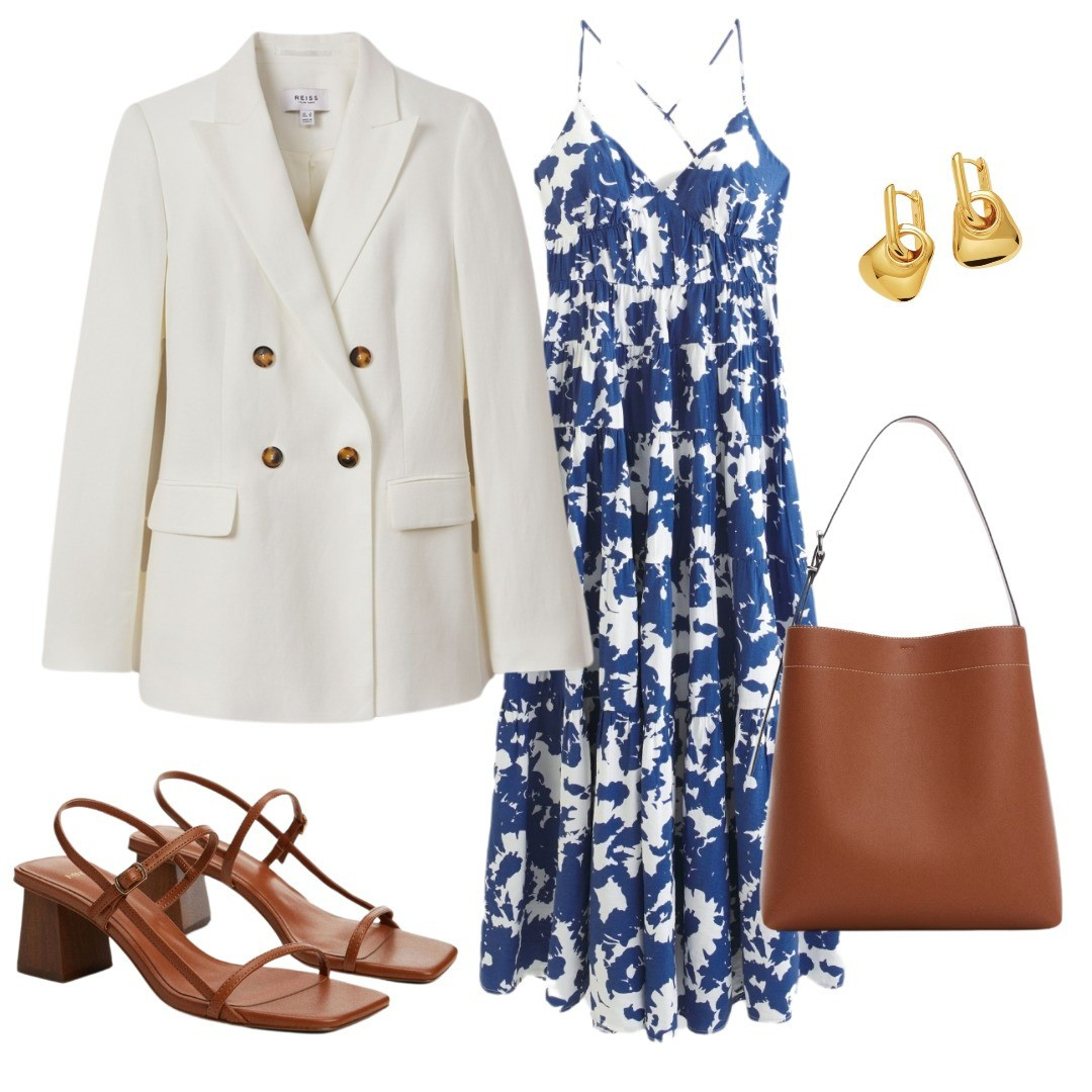White blazer, brown sandals, spring dress, blue dress, workwear, office look 

#LTKfindsunder100 #LTKworkwear #LTKshoecrush